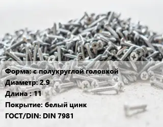 Шуруп с полукруглой головкой 2.9х11 белый цинк ГОСТ: DIN 7981